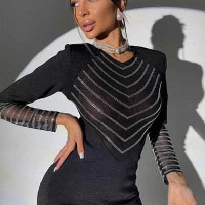 Hot Mesh Splicing Long-Sleeve Diamond Hip Long Dress