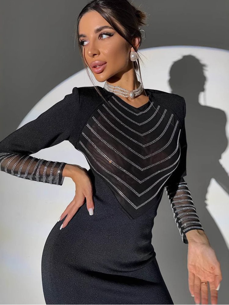 Hot Mesh Splicing Long-Sleeve Diamond Hip Long Dress