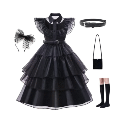 Wednesday Addams Role Play Costume - Girls Black Gauze Dress Outfit