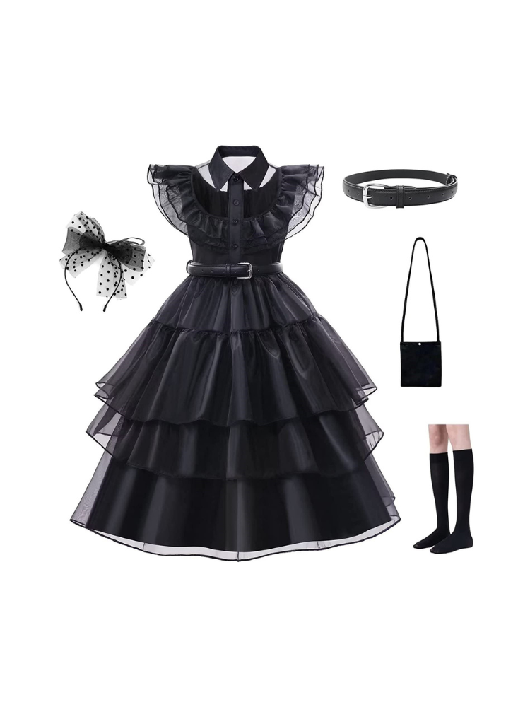 Wednesday Addams Role Play Costume - Girls Black Gauze Dress Outfit