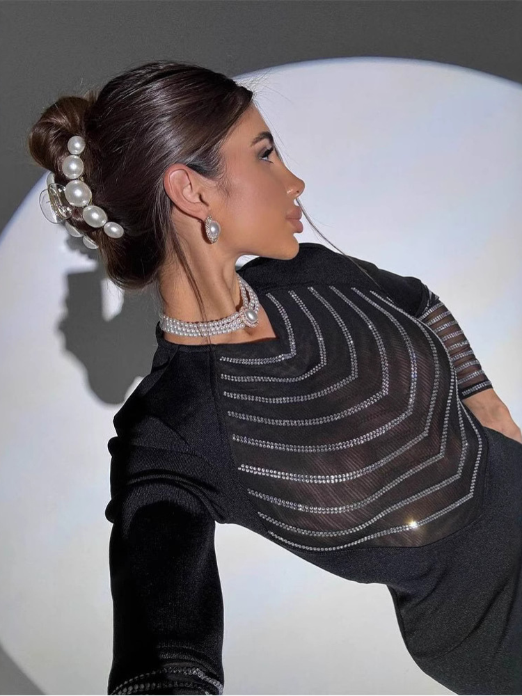 Hot Mesh Splicing Long-Sleeve Diamond Hip Long Dress - Image 4