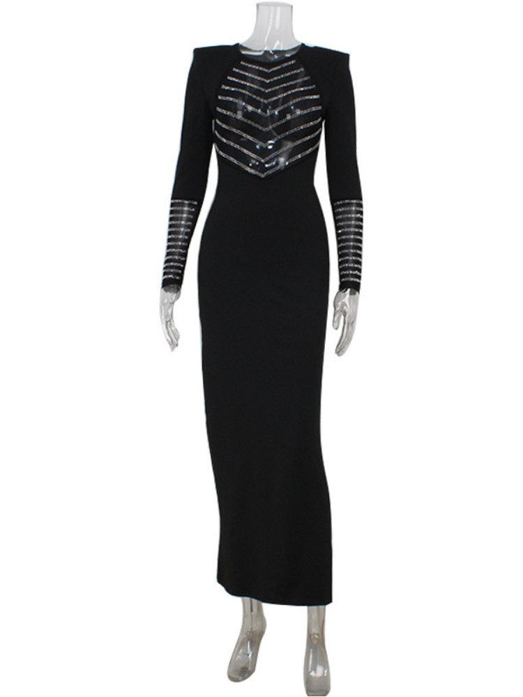 Hot Mesh Splicing Long-Sleeve Diamond Hip Long Dress - Image 5