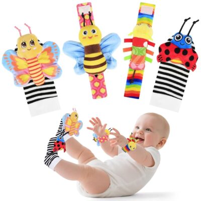 Baby Wristband & Sock Rattles Set – Soft Animal Plush Toys 